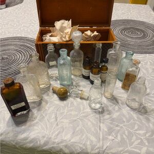 Vintage Glass Bottle Collection and wooden jewellery box Set